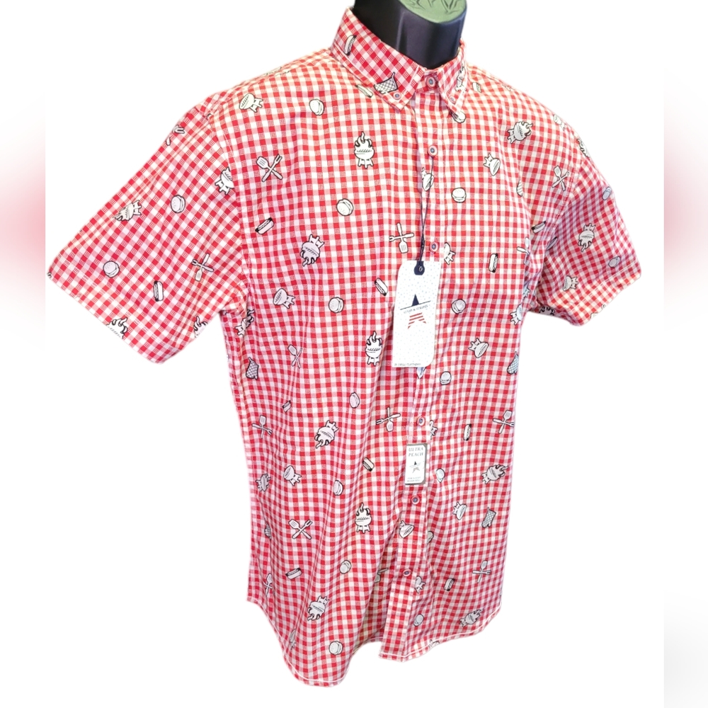Stars and Stripes Short Sleeve Cookout Button Down Shirt sz L NWT
